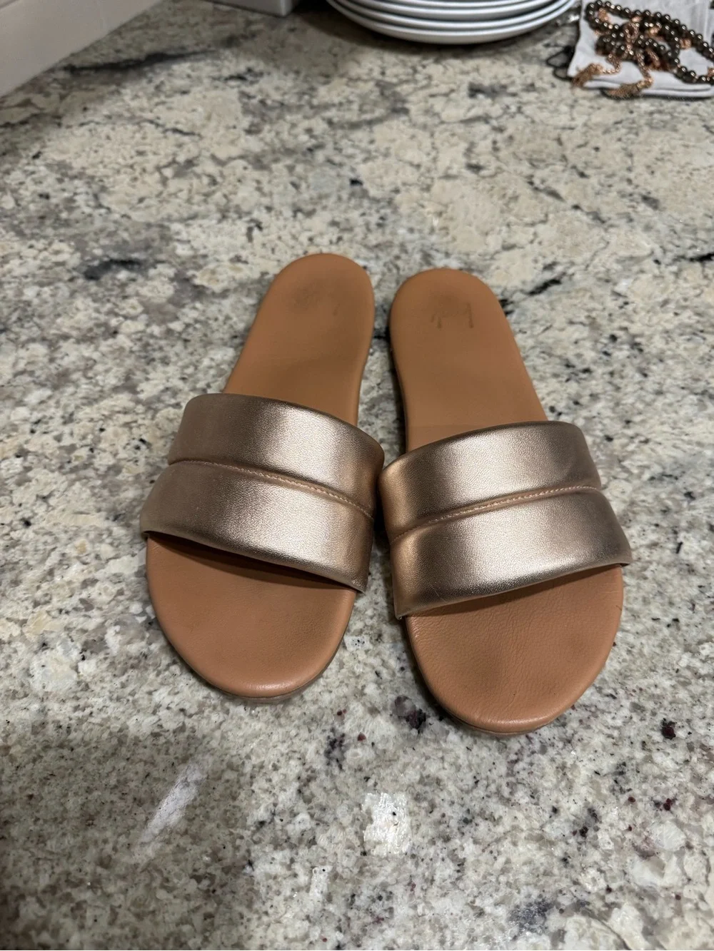 Beek Sugarbird Metallic Gold Slide Sandals